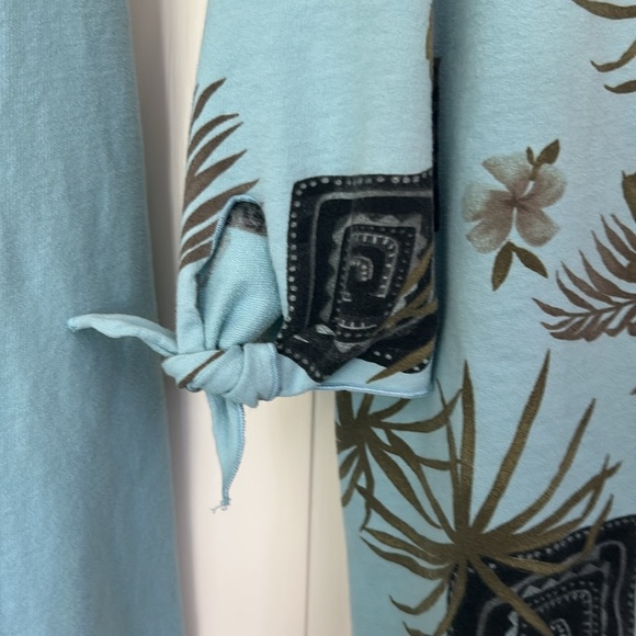 Rolled Hem Light Teal Floral Top 3/4 Sleeves Side Tie 100% Cotton Women’s 2X - Picture 2 of 12